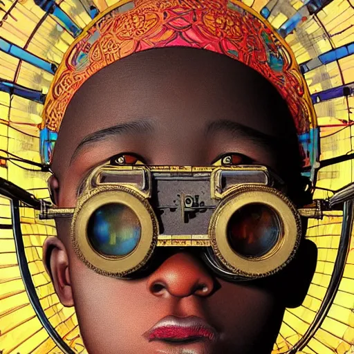 Image similar to colourful vfx upper half - portrait - art of a nigerian boy wearing steam punk goggles, art by utagawa kunisada, james jean & alphonse mucha, symmetrical, intricate detail, concept art, volumetric light, ray tracing, caricature, digital illustration, octane 3 d render, unreal engine, sharp, pinterest, behance, art station,