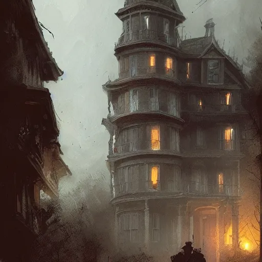 Image similar to exterior of haunted victorian house, horror by greg rutkowski