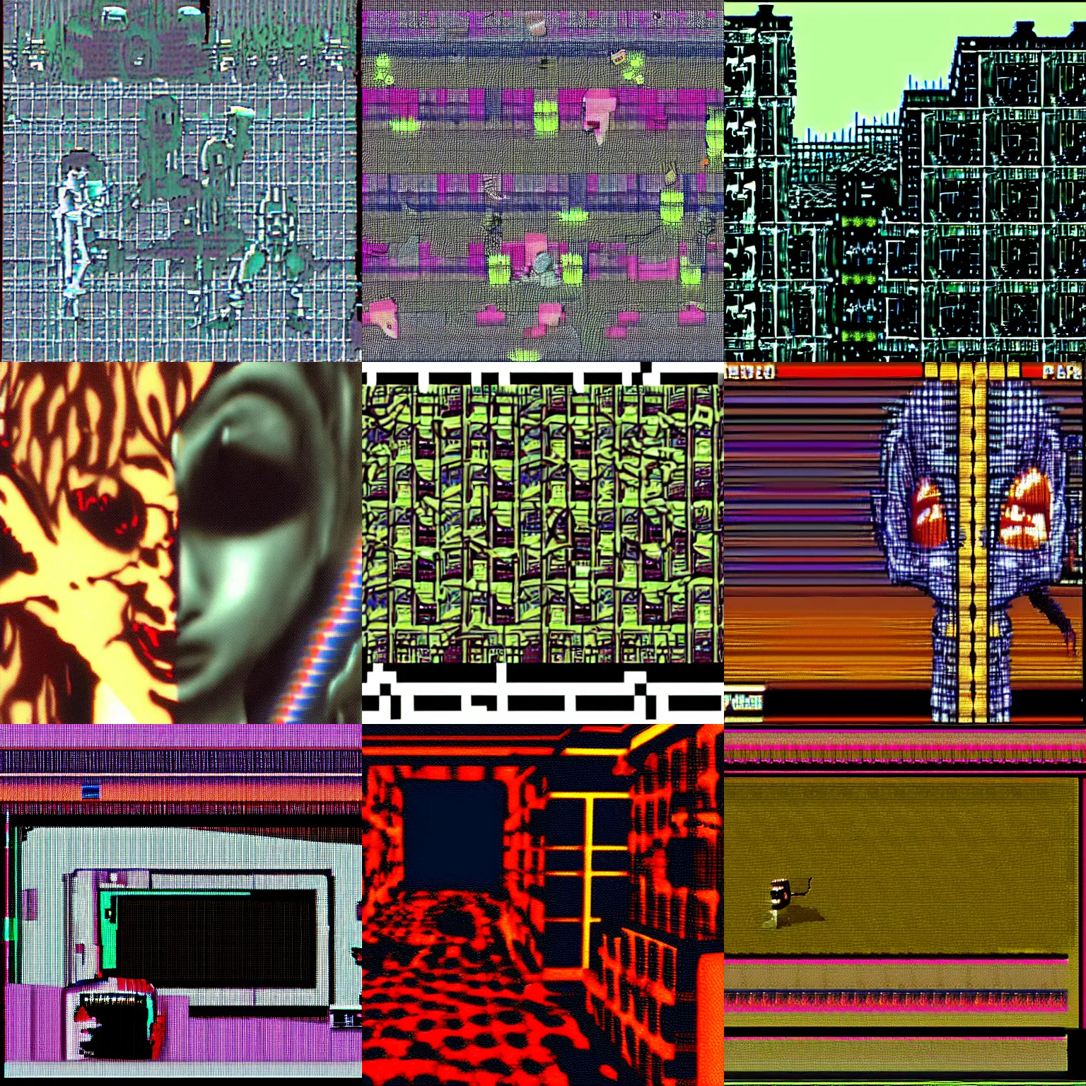 Prompt: screenshot from ps 1 horror game, psx, playstation one, tv scanlines, glitches, junji ito character design and abstract patterns