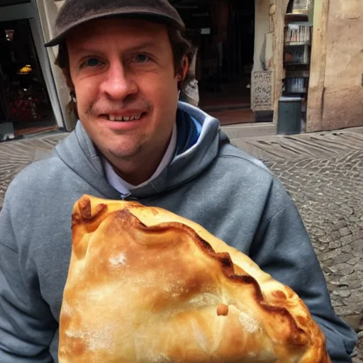 Image similar to A friendly looking maranza offering you a calzone in Rome