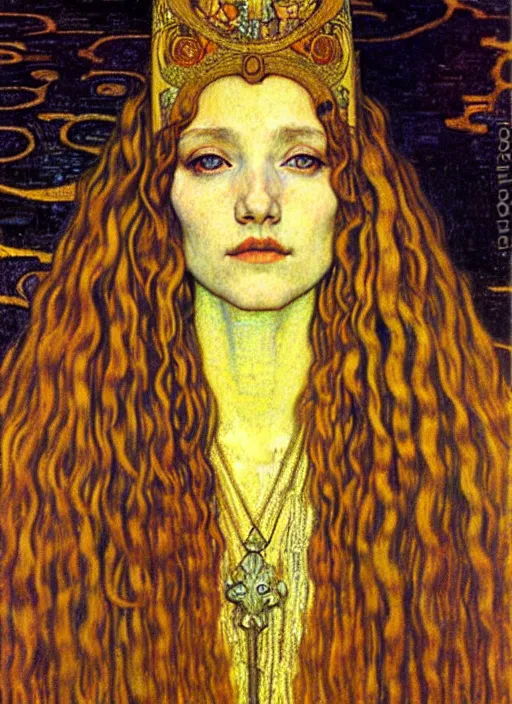 Image similar to detailed realistic beautiful young medieval queen face portrait by jean delville, gustav klimt and vincent van gogh, art nouveau, symbolist, visionary, gothic, pre - raphaelite, muted earthy colors, desaturated