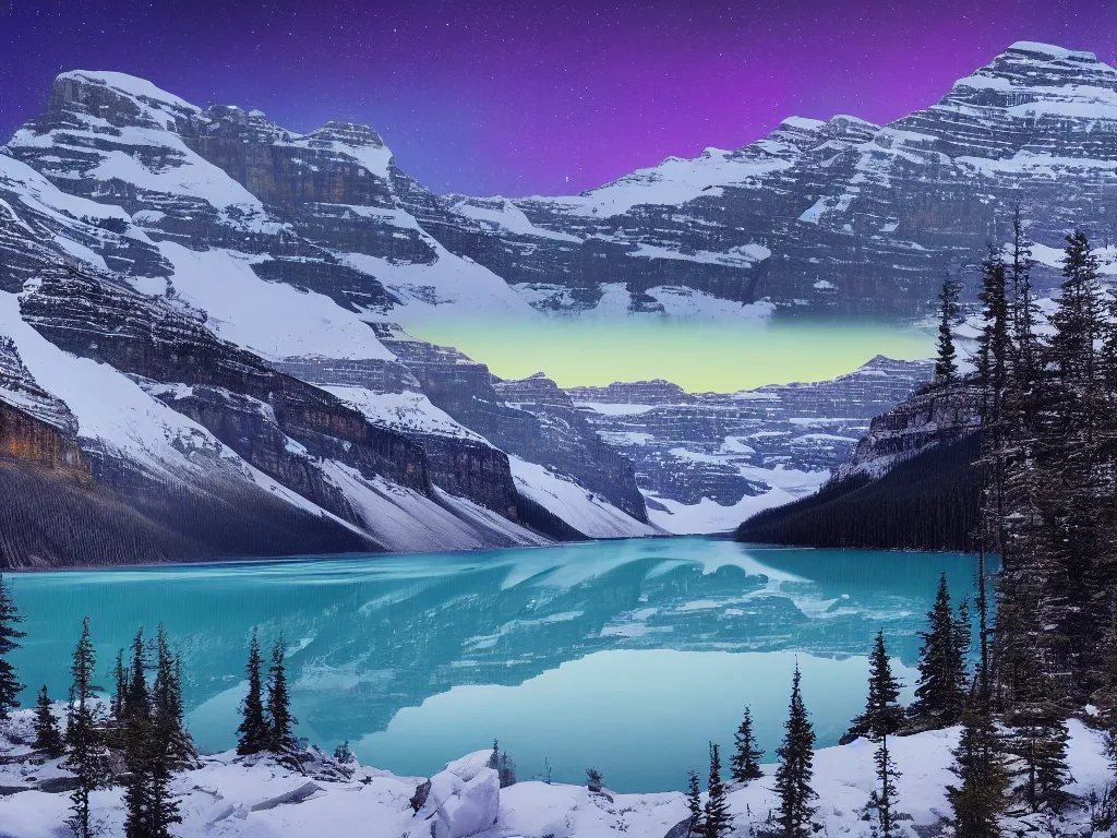 Image similar to a matte painting of Lake Louise in fall, moonlight, northern lights, highly detailed, artstation, HD wallpaper