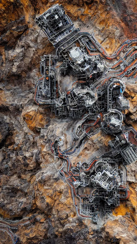 Image similar to ultra realistic macro photography of the giant magical machine embedded within the mountain, colourful sedimentary and igneous rock and marble, rock textures industrial machinery, factory machines, pistons, pipes and valves, super conducters, circuitry. 8k 3D geology