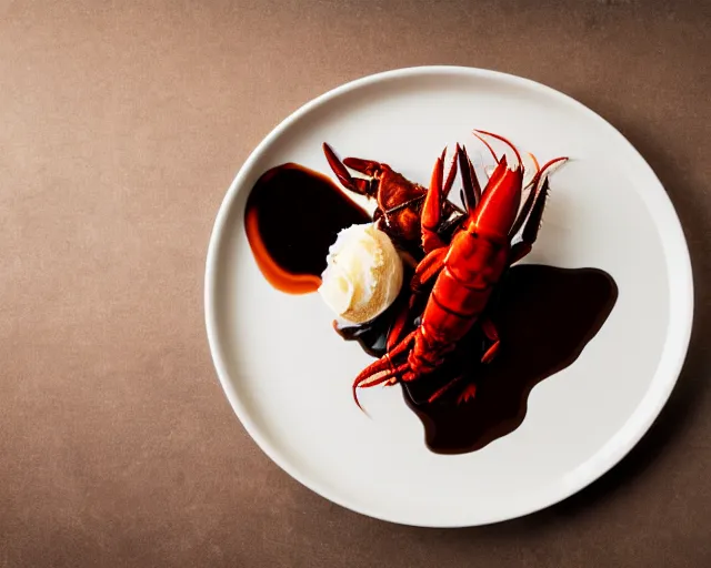 Image similar to dslr food photograph of a plate of vanilla ice cream and a crawfish, some chocolate sauce, 8 5 mm f 1. 4