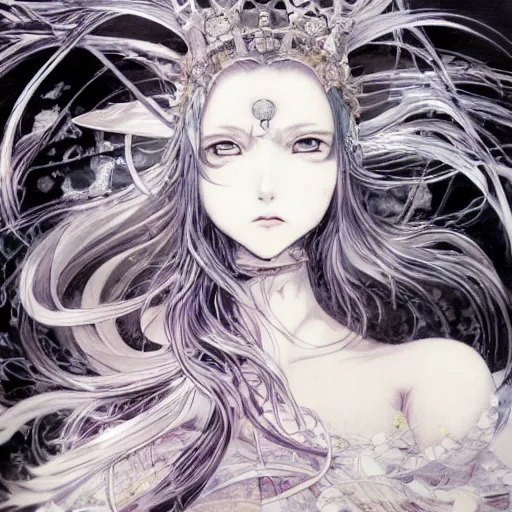 Image similar to yoshitaka amano blurred and dreamy illustration of an anime girl with black eyes, wavy white hair fluttering in the wind wearing elden ring armor and crown with engraving, abstract black and white patterns on the background, noisy film grain effect, highly detailed, renaissance oil painting, weird portrait angle, blurred lost edges, three quarter angle