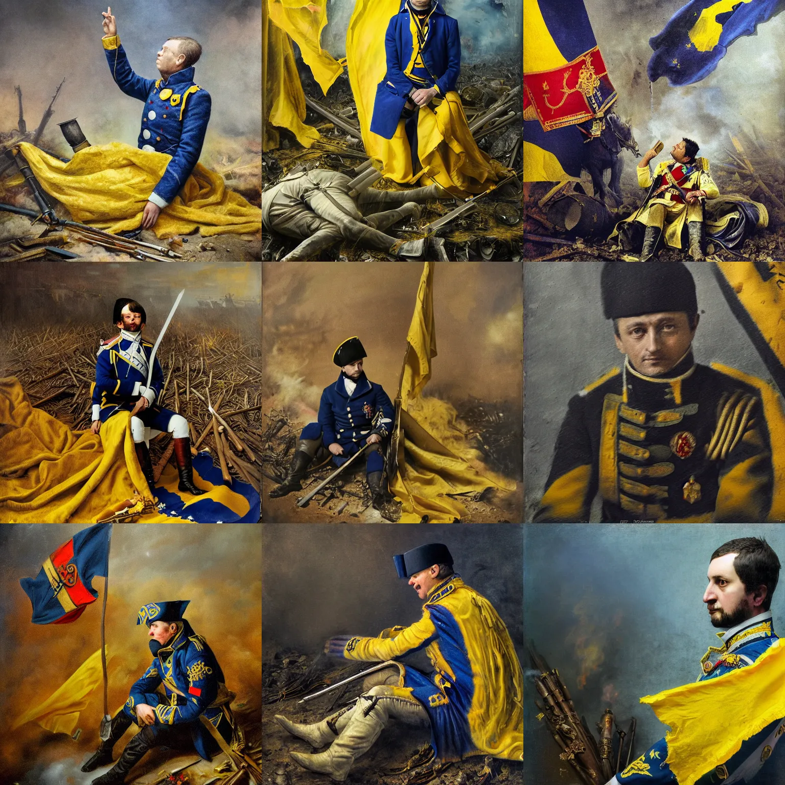 Prompt: Volodymyr Zelensky at war, dressed like Napoleon Bonaparte, sitting on the ground between dead corpses , crying and weeping, holding a half burnt blue and yellow flag of Ukraine, sharp focus, depth of field, hyper detailed, hyper realistic, High definition, in the style of Ansel Adams