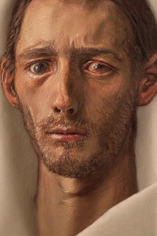 Prompt: hyperrealism close-up portrait a man sewn into a linen cloth with stitchesin style of Michaël Borremans