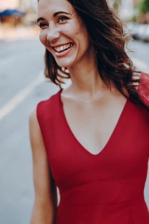 Image similar to blurry close up photo portrait of a smiling pretty woman in a red sleeveless dress, out of focus, street scene