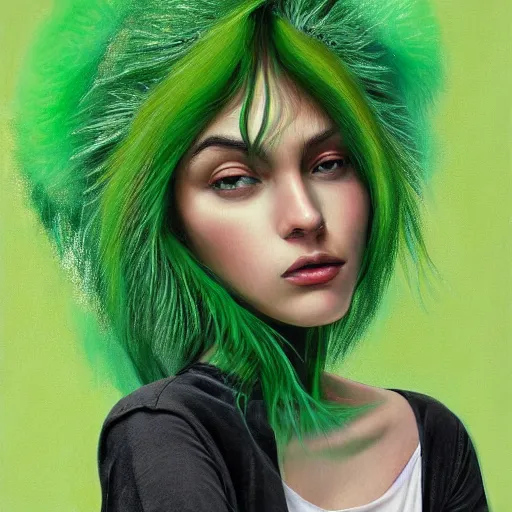 Prompt: symmetrical portrait of beautiful woman with green fuzzy hair, by nick silva, ja mong, digital, soft painting, photorealism