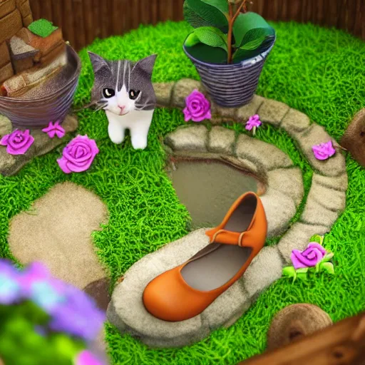 Image similar to cats making shoes in a fairy garden 3 d concept art