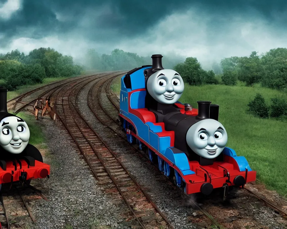 Image similar to a horror movie poster featuring Thomas The Tank Engine