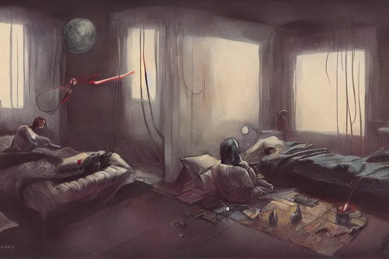 Image similar to IKEA catalogue photo, cyberpunk teenager bedroom, screens, TVs, monitors, robots, by Beksiński