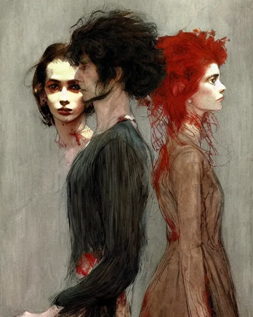 Image similar to two gorgeous but creepy siblings in layers of fear, with haunted eyes and wild hair, 1 9 7 0 s, seventies, wallpaper, a little blood, crimson moonlight showing injuries, delicate embellishments, painterly, offset printing technique, by coby whitmore, jules bastien - lepage