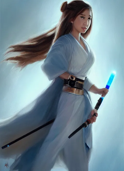 Prompt: portrait of pokimane as a jedi, with lightsabre in hand, hyper realism, intricate, brush strokes, dynamic pose,