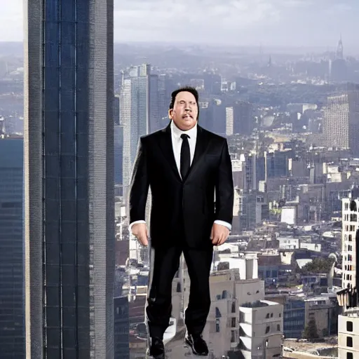 Image similar to Clean-shaven Jon Favreau as Happy Hogan wearing a black suit and black necktie and black dress shoes is climbing up a tall building in an urban city.