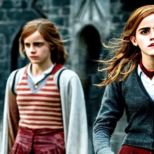 Image similar to Photo of Emma Watson as Hermione Granger using a tank in Hogwarts