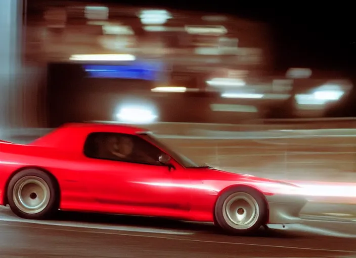 Image similar to fd rx - 7 1 9 9 9 candy - apple - red racing down highway, night - time, japan film photo motion blur front side view ( ( ( ( wadim kashin wenjun lin ) ) ) )