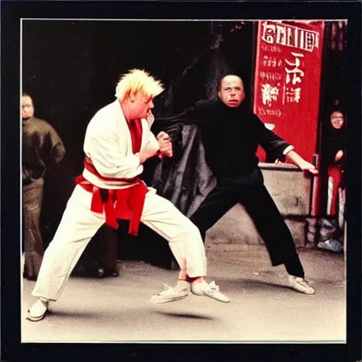 Prompt: Boris Johnson getting beaten in a fight, 60s Kung Fu film, album cover