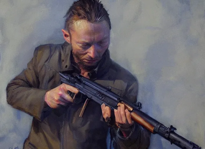 Prompt: a highly detailed beautiful portrait of thom yorke shooting an ak 4 7, by gregory manchess, james gurney, james jean