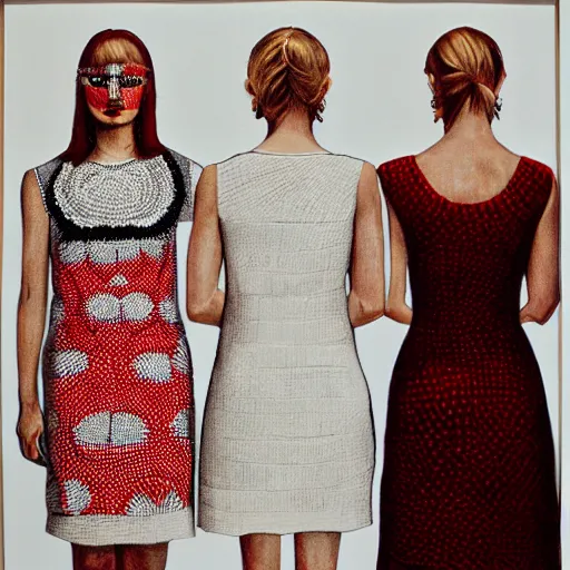 Prompt: 3 sisters look into the mirror, blonde, white and red dresses, wealthy women, fashion, Chuck close
