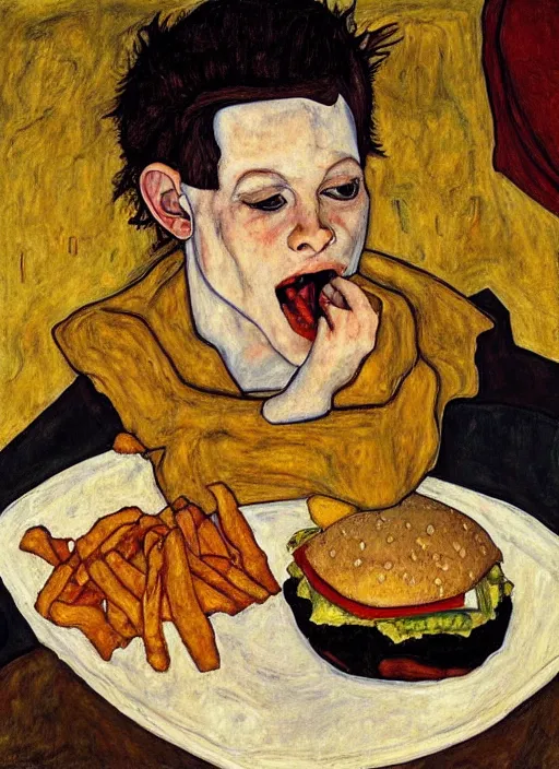 Image similar to young man eating a hamburger in the center of a dark medieval dinning room, surrounded by starving people in front of a giant painting, extremely realistic and highly detailed painting by egon schiele, soft light, gold ratio
