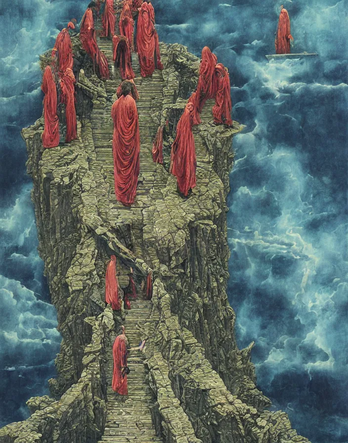 Image similar to worshippers in robes ascend a spiral staircase in a lighthouse, spiral staircase, high detailed beksinski painting, part by adrian ghenie and gerhard richter. art by takato yamamoto. masterpiece, deep colours, blue