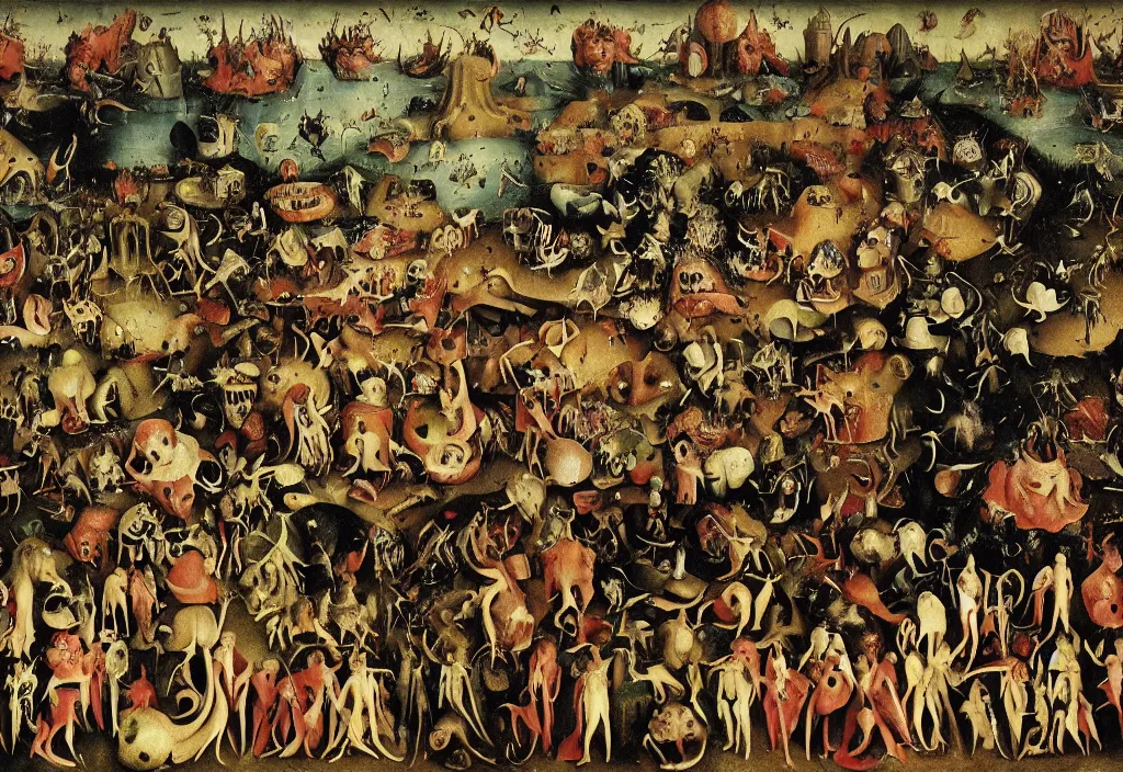 Prompt: the garden of earthly delights, detoriating, with freaky creatures and monsters taking over, with hell taking over, darkness, horror, evil, detailed, by hieronymus bosch, by jan van eyck, by brian froud