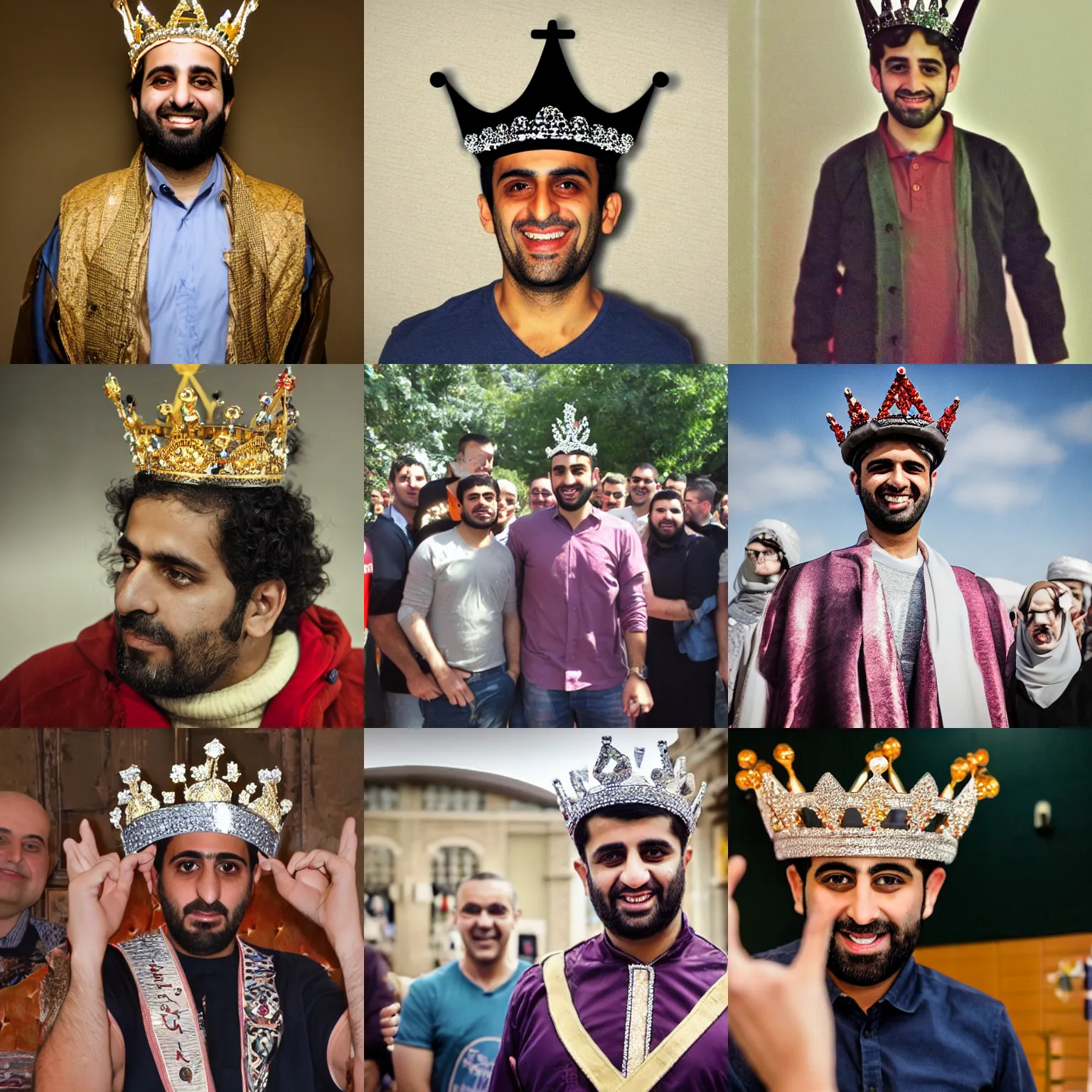 Prompt: emad wearing a crown, cheerded by the people