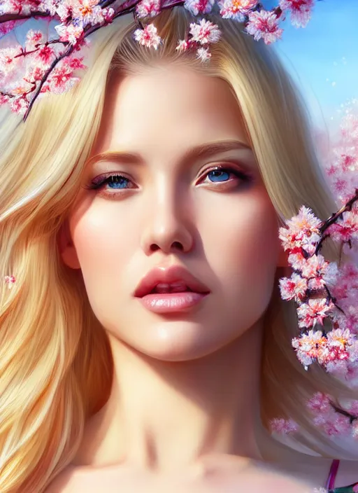 Image similar to photo of a gorgeous blonde female in the style of stefan kostic, realistic, half body shot, sharp focus, 8 k high definition, insanely detailed, intricate, elegant, art by stanley lau and artgerm, extreme blur cherry blossoms background