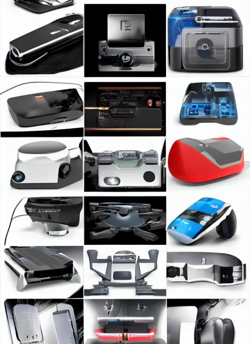 Image similar to electronics catalogue with hyper-detailed futuristic gadgets designed by Syd Mead, Jony Ive and Dieter Rams