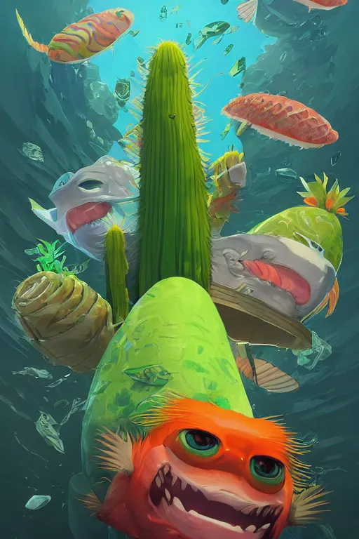 Image similar to 3 d render creature animal sushi cristal very big eye roots cactus elemental flush of force nature micro world fluo fishscale, comics gta 5 cover, official fanart behance hd artstation by jesper ejsing, by rhads, makoto shinkai and lois van baarle, ilya kuvshinov, ossdraws