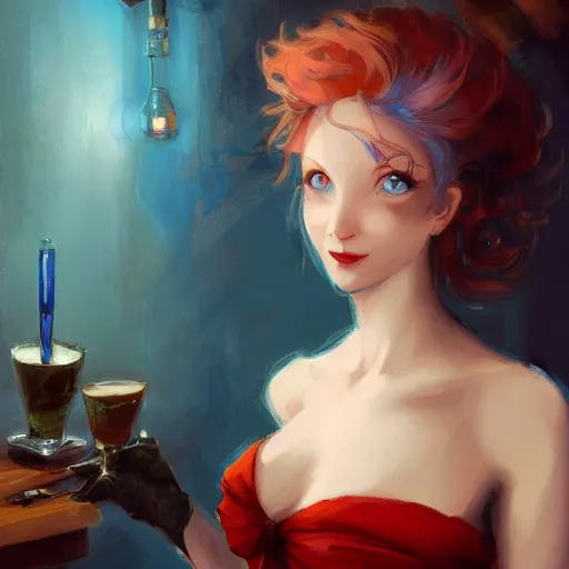 Image similar to a smiling happy beautiful barmaid with short blue hair wearing a satin red dress in a rustic saloon, beautiful blue eyes, fantasy, intricate and very beautiful and elegant, highly detailed, digital painting, artstation, concept art, smooth and sharp focus, illustration, art by peter mohrbacher and tan zi and artgerm