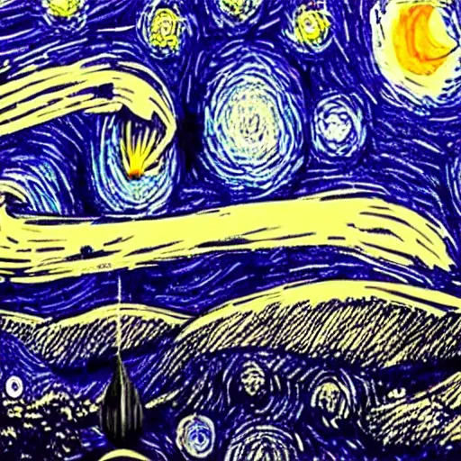 Image similar to Starry night vii poster but the black is white and the dark blue is light, deep detailed