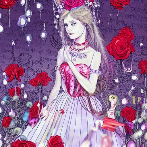 Prompt: Alice in Wonderland at the tea party, she looks like a mix of grimes and zoë kravitz, very long fingernails, childlike, hair and dress billowing dramatically in the wind, wearing heaving stacks of pearl necklaces, surrounded by red and white roses, digital illustration, inspired by a stylistic blend of Æon Flux by Peter Chung, Japanese shoujo manga, and murals by Shepard Fairey, hyper detailed!!! dreamlike, otherworldly and ethereal!!!!, delicate, flower petals, super photorealistic!! extremely fine inking lines, gradient colors