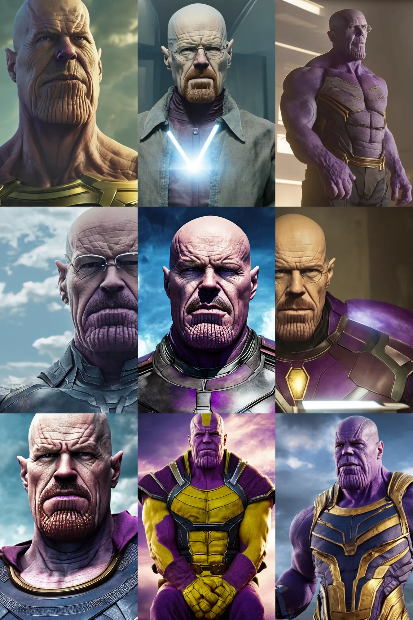 Prompt: portrait of Thanos (Played by Walter White) in The Avengers movie DVD, 8K