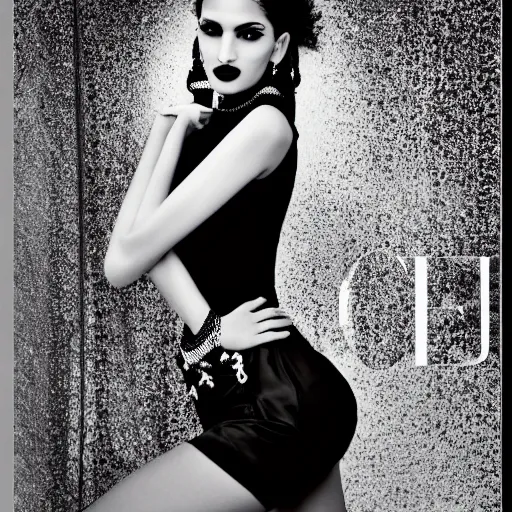 Image similar to a beautiful professional black and white photograph by hamir sardar, herb ritts and ellen von unwerh for the cover of vogue magazine of a beautiful and unusually attractive moroccan female fashion model looking at the camera in a flirtatious way, zeiss 5 0 mm f 1. 8 lens