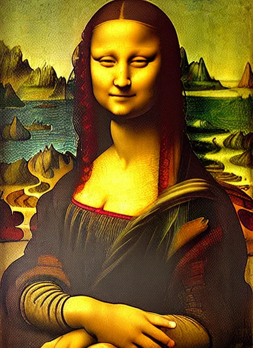 Prompt: painting on an african mermaid, art by leonardo davinci - in the style of'mona lisa'( 1 5 0 3 ), highly detailed, smooth, sharp focus, intricate, symmetry, masterpiece work of art,