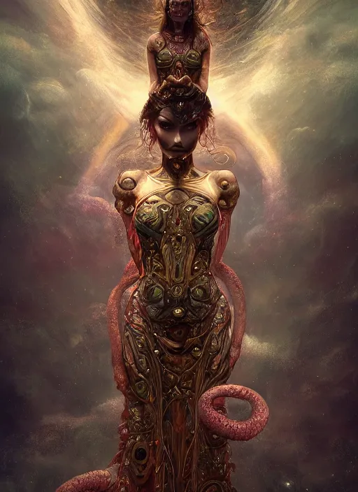 Image similar to epic portrait of menacing and agitated yet stunningly beautiful biomechanical djinn overseeing the iridescent fabric of the universe, by charlie bowater, mandy jurgens, gustav klimt, octane render, dramatic camera angle, 4k, 8k, high detail, HDR, by tom bagshaw, powerful, with inspiration from Beksinski, inspired by greek goddess Athena