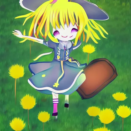 Image similar to Komeiji Koishi dancing in a field of dandelions, anime, Touhou, digital art, soft lighting