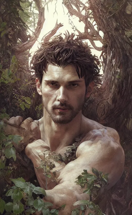 Image similar to god of the forest, 3 0 years old, rugged handsome, male, gorgeous, detailed face, clean lines, cinematic light, amazing, full body, flowers, muscular, intricate, highly detailed, digital painting, artstation, concept art, sharp focus, illustration, art by greg rutkowski and alphonse mucha