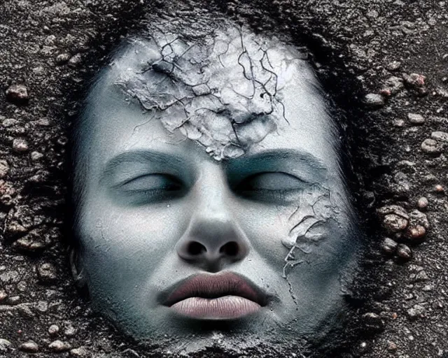 Image similar to a realistic human head coming out of the ground, surreal, water art manipulation