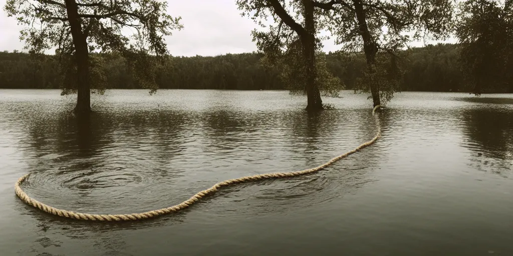 Image similar to symmetrical photograph of an infinitely long rope submerged on the surface of the water, the rope is snaking from the foreground towards the center of the lake, a dark lake on a cloudy day, trees in the background, dreamy kodak color stock, anamorphic lens