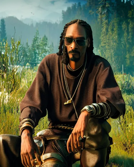 Image similar to Snoop Dogg in the role of Witcher III Gerald of Rivia, film still, amazing short, 8K, IMAX, ultra detailed