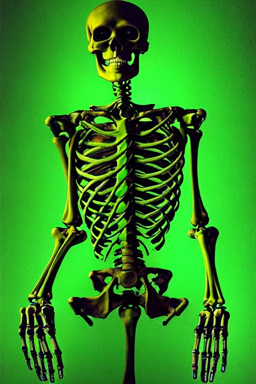 Prompt: portrait of a cybernetic skeleton holding one hand aloft, glowing green candles, oil painting, high detail, dark lighting, atmospheric, extremely detailed, intricate, da vinci, michelangelo, caravaggio, hans holbein, raphael, donatello, 8 k