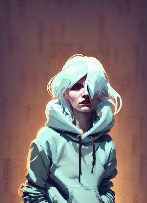 Image similar to highly detailed portrait of a sewer punk swedish lady, tartan hoody, white hair by atey ghailan, by greg rutkowski, by greg tocchini, by james gilleard, by joe fenton, by kaethe butcher, gradient light blue, brown, blonde cream and white color scheme, grunge aesthetic!!! ( ( graffiti tag wall background ) )