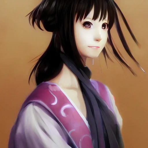 Image similar to A realistic anime portrait of a beautiful Lain Iwakura with a human face wearing a kimono, digital painting, by Stanley Artgerm Lau, WLOP, and Rossdraws, digtial painting, trending on ArtStation, deviantart