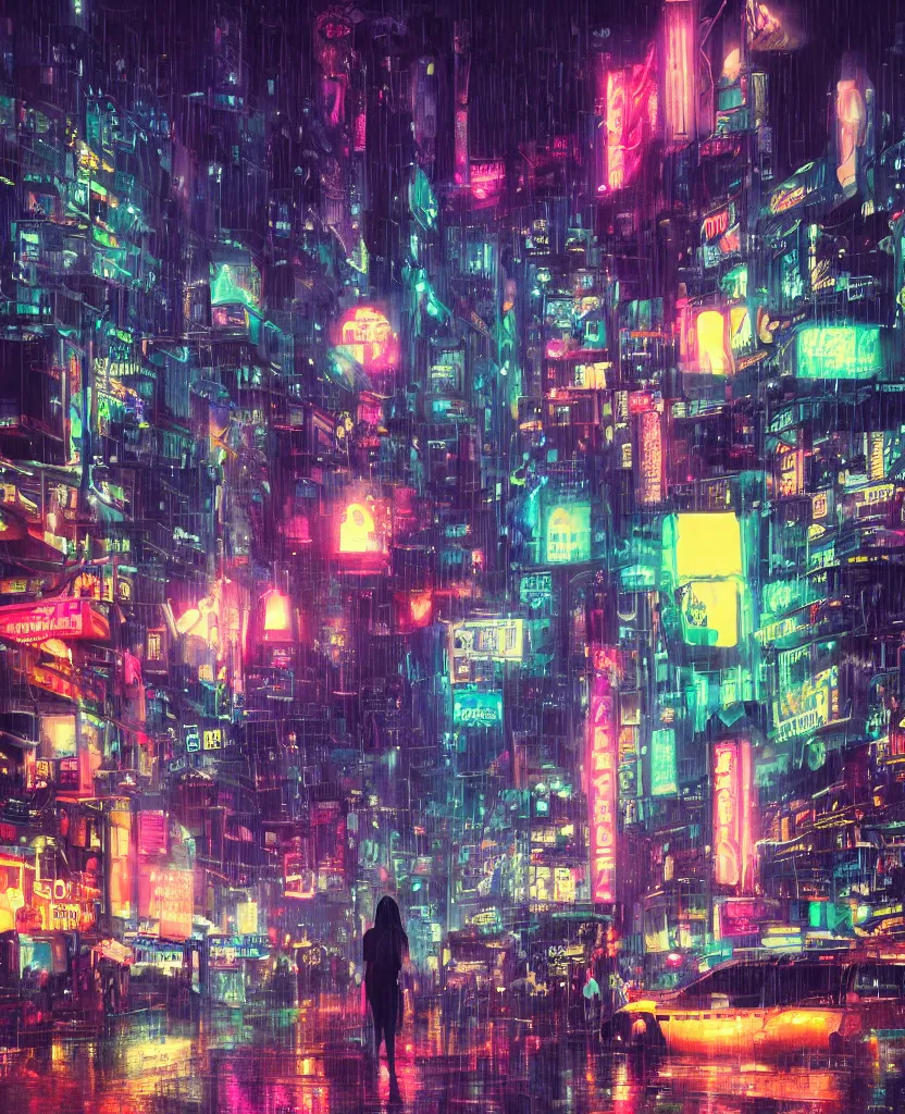 Image similar to cluttered futuristic city at night, night clubs and neons, rain, girl under lantern, by Sean Foley