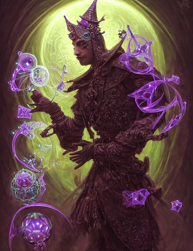 Image similar to front shot of a court jester character, hyperdimensional, bioluminescent hypercubes, dark holography!!!, (((intricate))), elegant, highly detailed, centered, (((artstation, concept art, smooth, sharp focus, artgerm, Tomasz Alen Kopera, Peter Mohrbacher, donato giancola, Joseph Christian Leyendecker, WLOP, Boris Vallejo))), mugshot!!!!!, ugly!!!!!!, octane render, nvidia raytracing demo, octane render, nvidia raytracing demo, octane render, nvidia raytracing demo, grainy, muted, 8K, digitalblasphemy, metatron