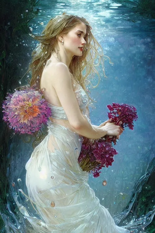 Image similar to portrait of a beautiful woman wearing a white dress, holding a bouquet of flowing flowers, drenched body, wet dripping hair, emerging from the water, fantasy, regal, fractal crystal, fractal gems, by stanley artgerm lau, thomas kindkade, alphonse mucha, loish, norman rockwell