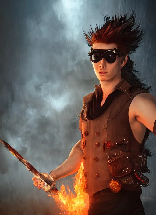 Image similar to An epic fantasy comic book style portrait painting of young man with red spiked long hair, using an steampunk googles. Wearing a black waistcoat, white shirt. Fire on his hands. Unreal 5, DAZ, hyperrealistic, octane render, cosplay, RPG portrait, dynamic lighting